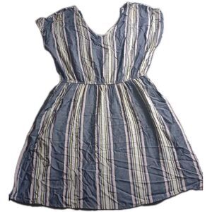 Pink Rose Stripe Casual Sunday Dress With 2 Side Pockets Sz M Gray White Preppy